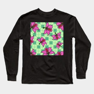 Bauhinia Flower with Pale Green Tile Floor Pattern - Summer Flower Pattern Long Sleeve T-Shirt